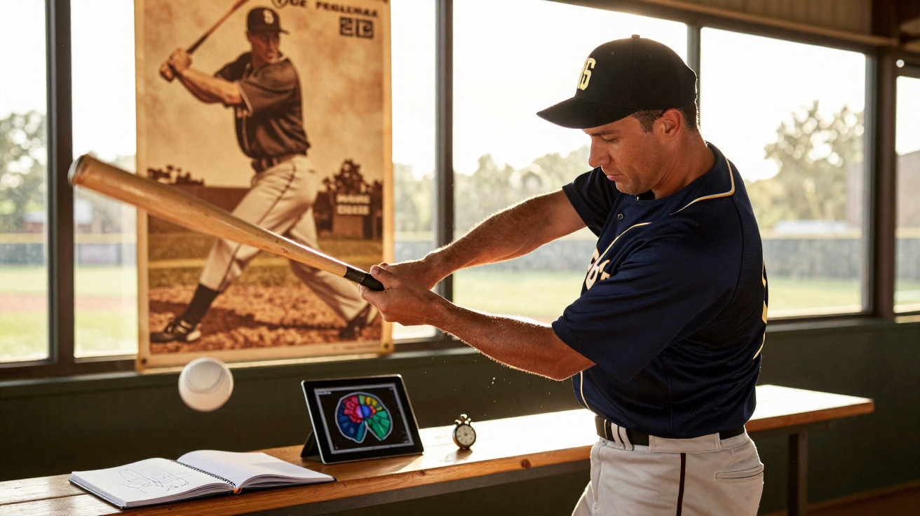 Baseballspieler übt Schwung mit Schläger vor Tablet, Buch und Wecker auf Tisch in einem Raum mit Fenster.