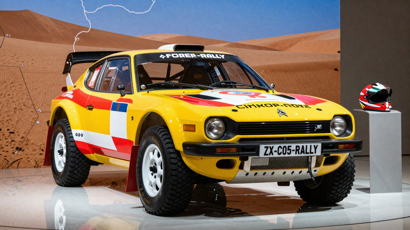 Gelb-rotes Rallye-Auto mit breiten Reifen und Spoiler, ausgestellt vor Wüstenhintergrund mit Motorradhelm daneben.