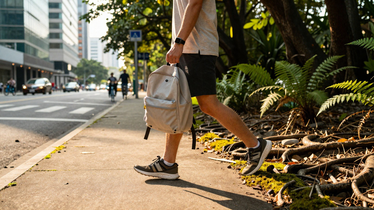 Person mit Rucksack und Shorts läuft auf einem Bürgersteig neben einer Straße und bewaldetem Bereich.