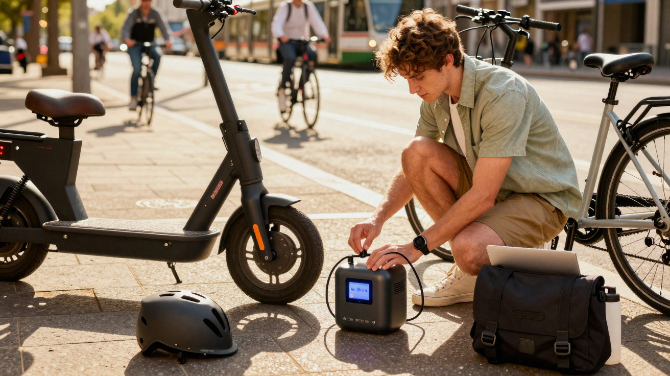 Junger Mann lädt auf dem Bürgersteig einen E-Scooter mit tragbarem Akku-Ladegerät neben Fahrrad und Helm.