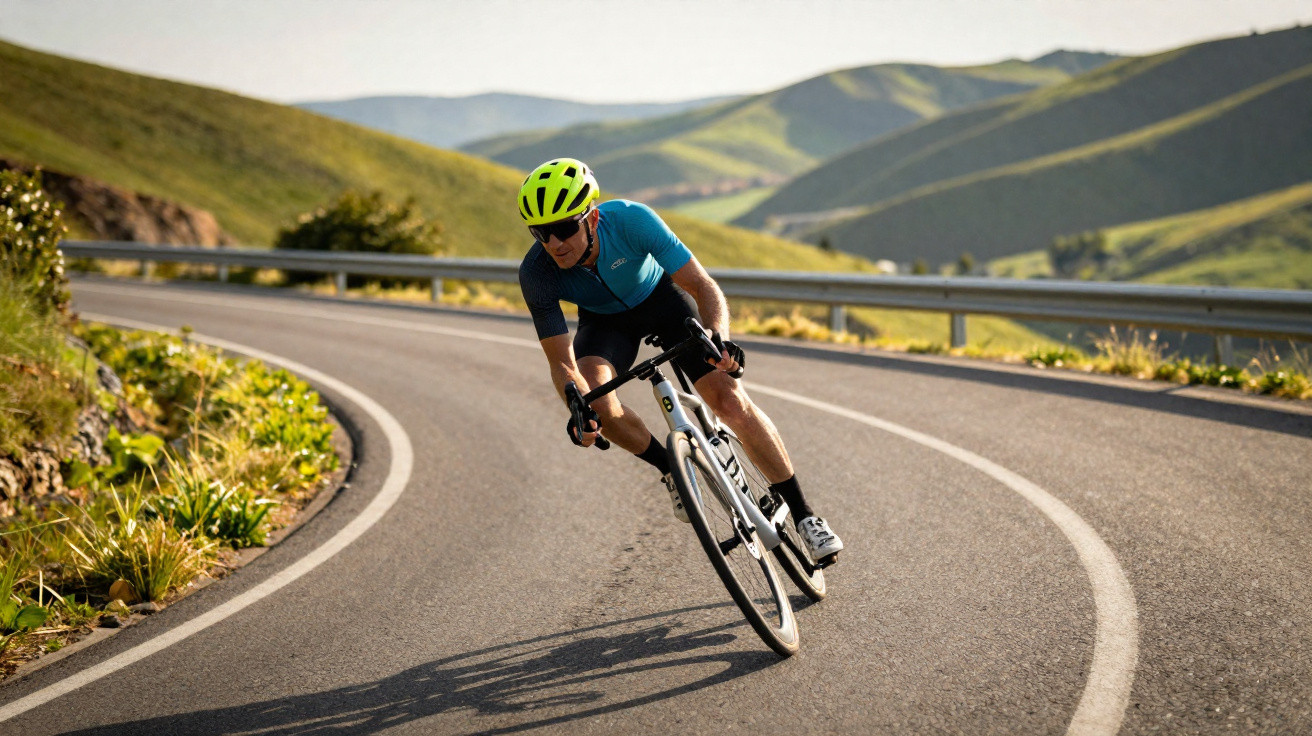 Rennradfahrer mit grünem Helm beim schnellen Kurvenfahren auf Bergstraße in sonniger Landschaft.