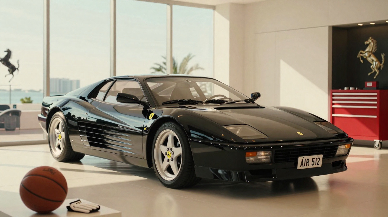 Schwarzer Ferrari 512 TR Oldtimer im hellen Showroom mit Basketball und Ferrari-Logo an der Wand.