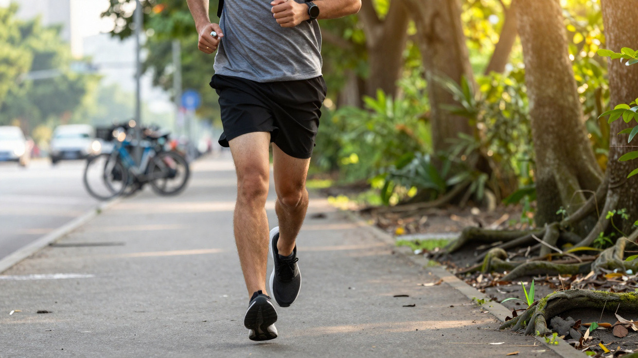 Mann joggt in Sportbekleidung auf einem Gehweg neben einer Straße mit Bäumen und Sonnenlicht.