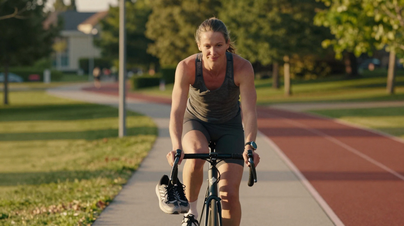 Frau fährt Rad auf einem Weg im Park, trägt Sportkleidung und hält ein Paar Sneakers in der Hand.