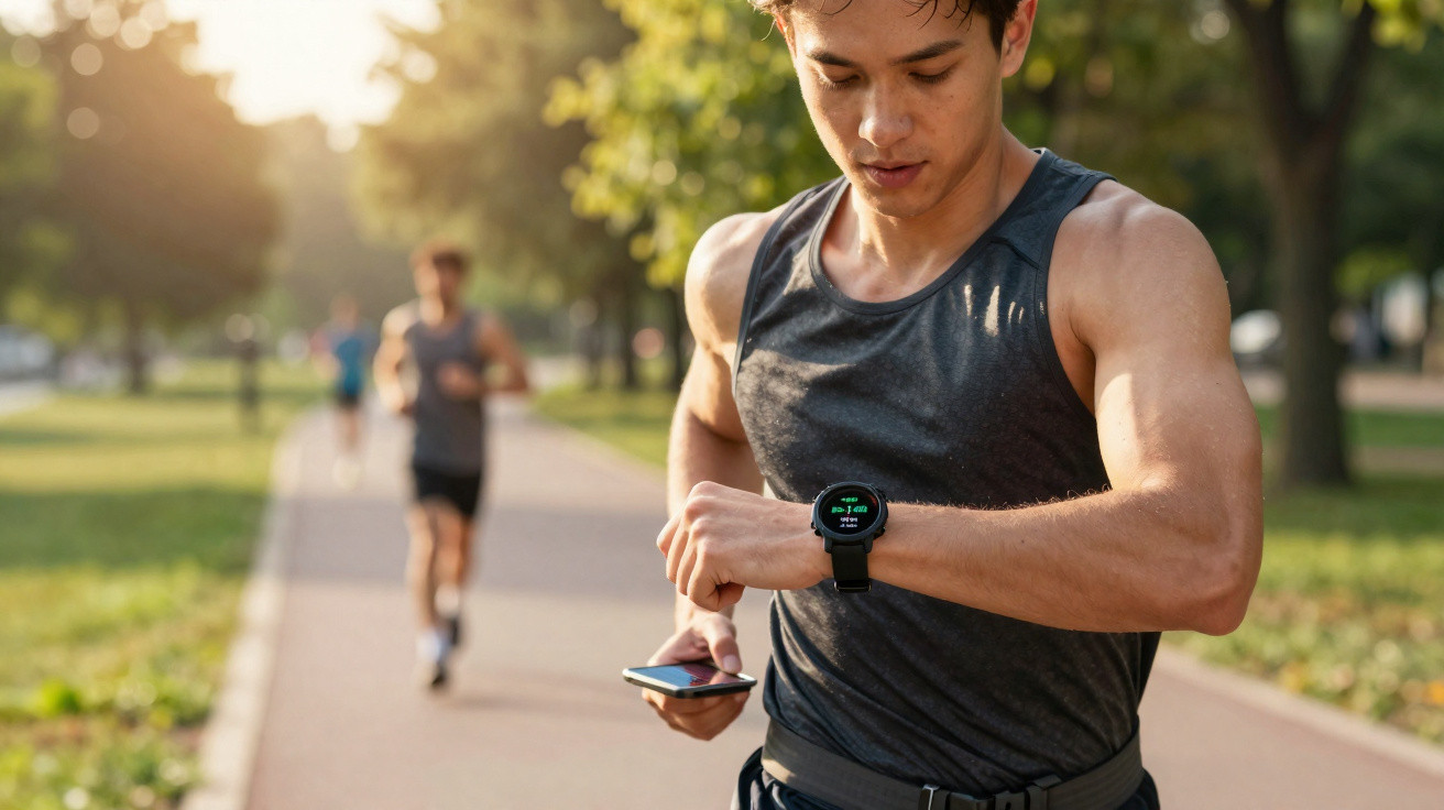 Mann im Sportoutfit überprüft beim Joggen im Park seine Daten auf Smartwatch und Smartphone.