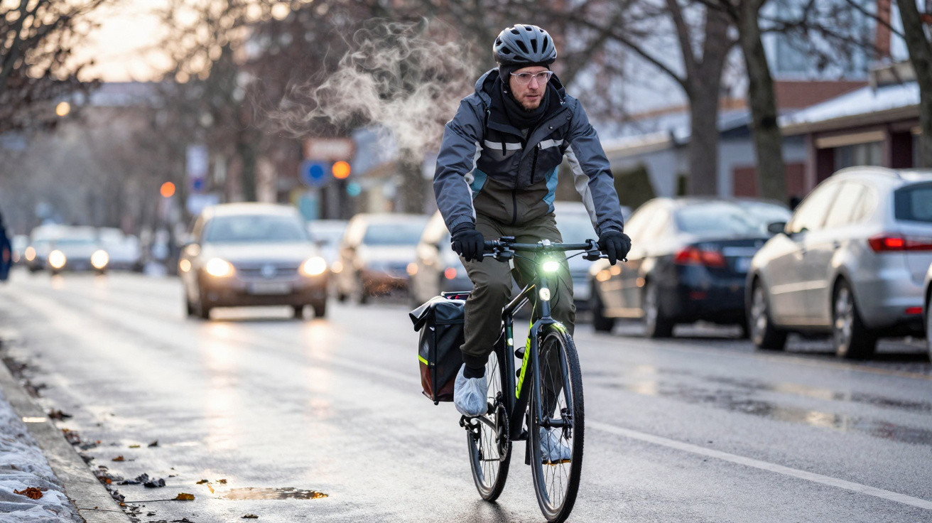 Mann mit Helm und warmer Kleidung fährt bei winterlichen Bedingungen Fahrrad auf einer Straßen mit Autos im Hintergrund.