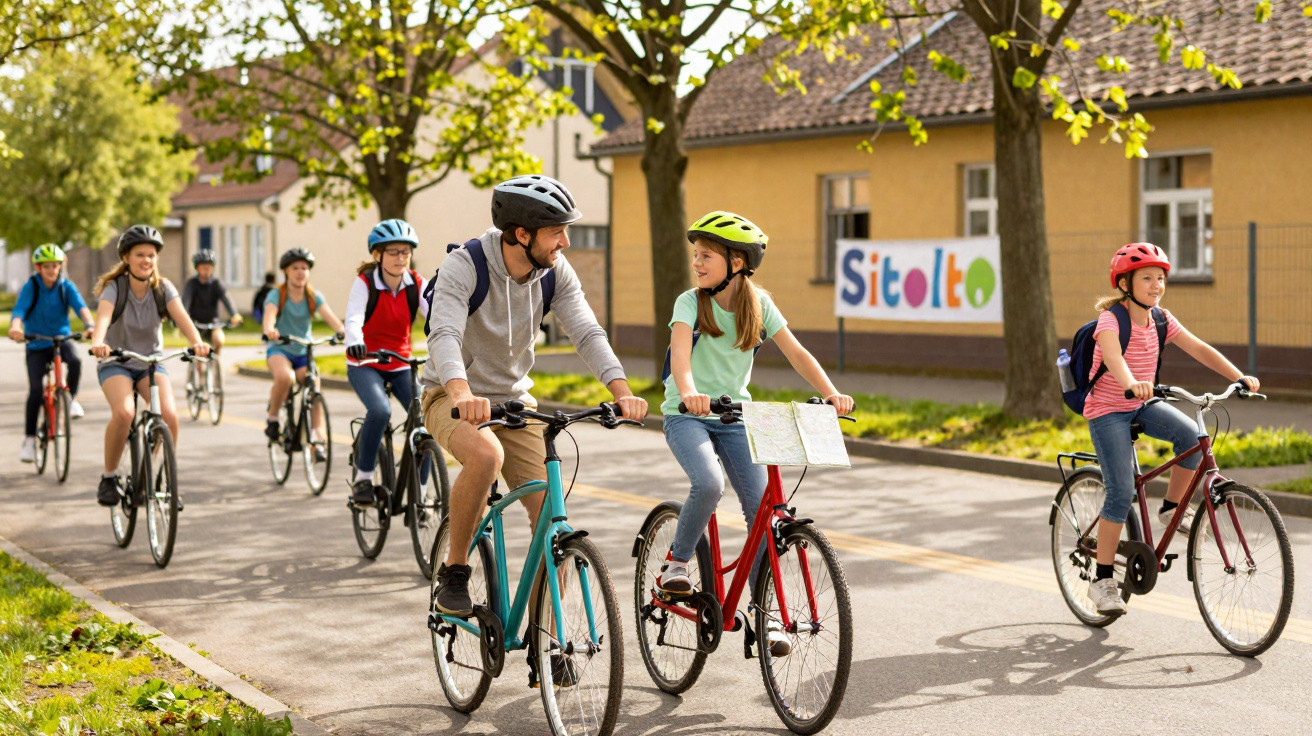 Gruppe von Kindern mit Fahrradhelmen und Rucksack unterwegs, begleitet von einem Erwachsenen auf Fahrrädern auf einem Schulwe