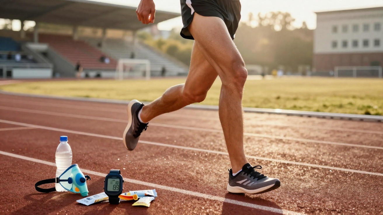 Bein eines Läufers auf roter Laufbahn mit Trinkflasche, Trainingsmaske, Pulsuhr und Energieriegeln im Sonnenlicht.