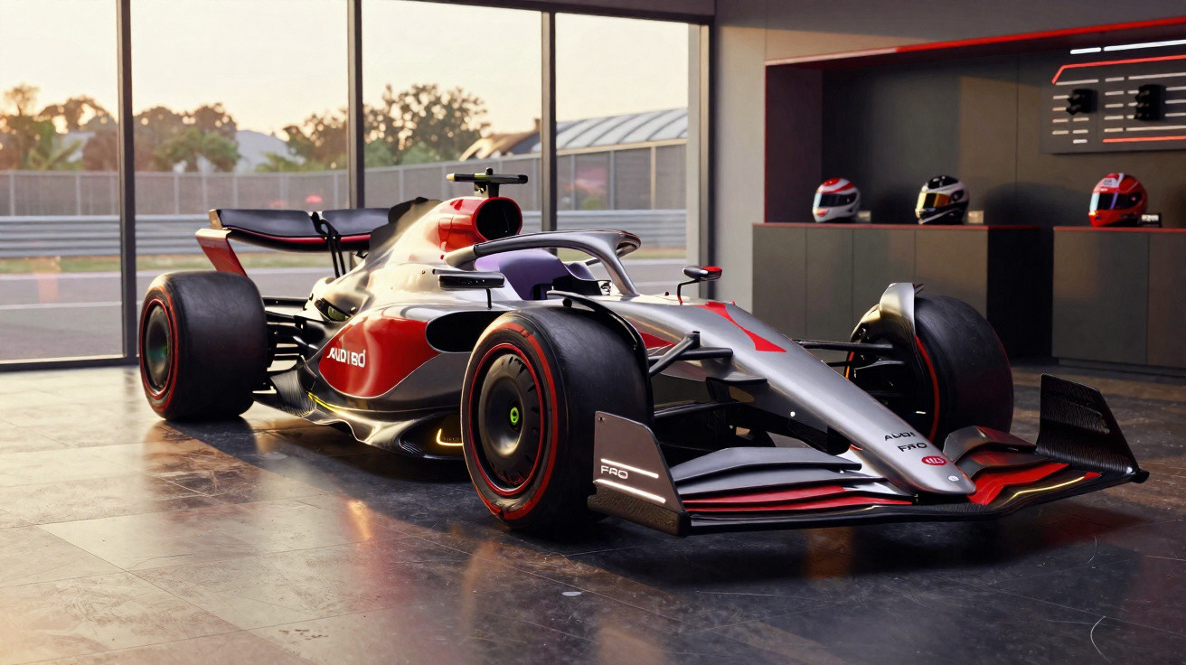 Moderner Audi Formel-1-Rennwagen in einem Showroom mit Helmen im Hintergrund bei Sonnenlicht.