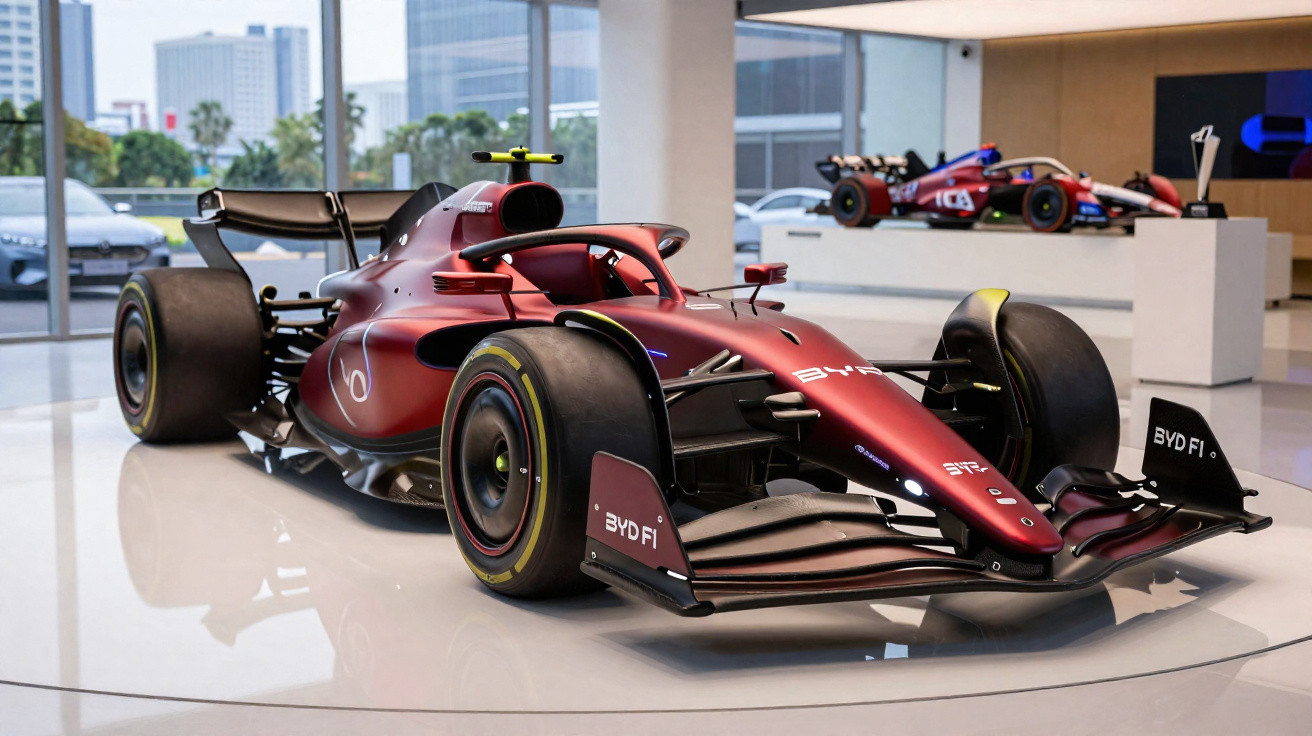 Rotes Formel-1-Rennauto mit BYD-Beschriftung in modernem Showroom neben Minatur-Formel-1-Modell.