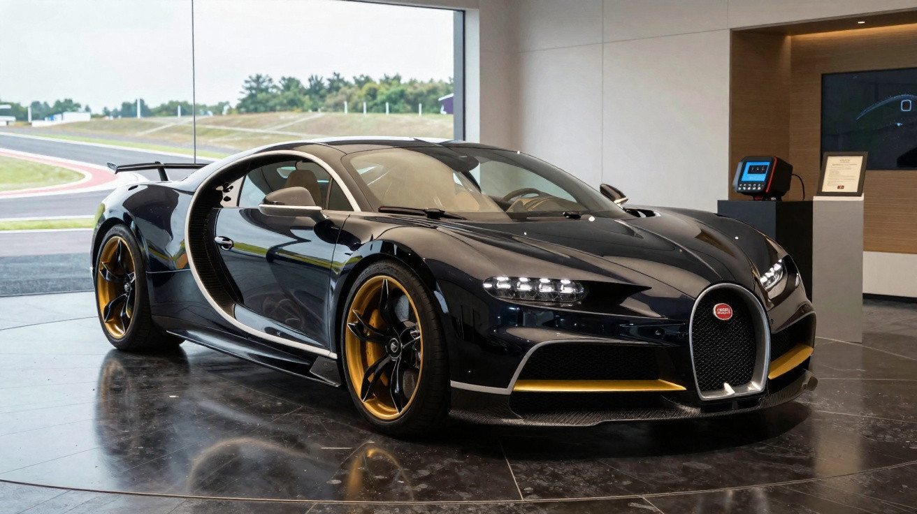 Schwarzer Bugatti-Chiron-Supersportwagen mit goldfarbenen Felgen in luxuriösem Showroom vor Fenster.