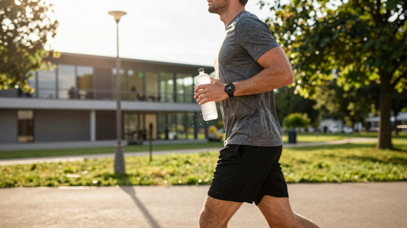 Mann joggt draußen bei Sonnenschein mit grauem Shirt, schwarzen Shorts und Wasserflasche in der Hand.