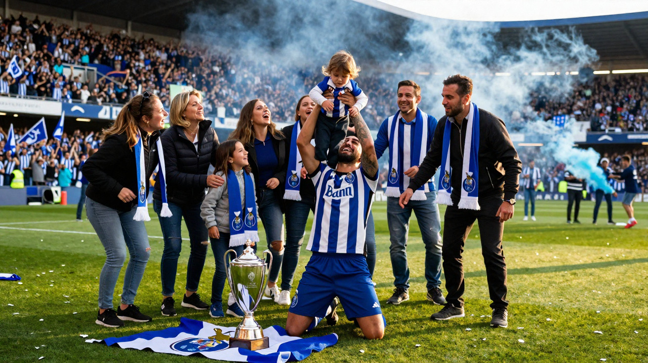 Fußballspieler mit Kind auf den Schultern, umgeben von jubelnden Fans mit Schal und Pokal auf dem Spielfeld.