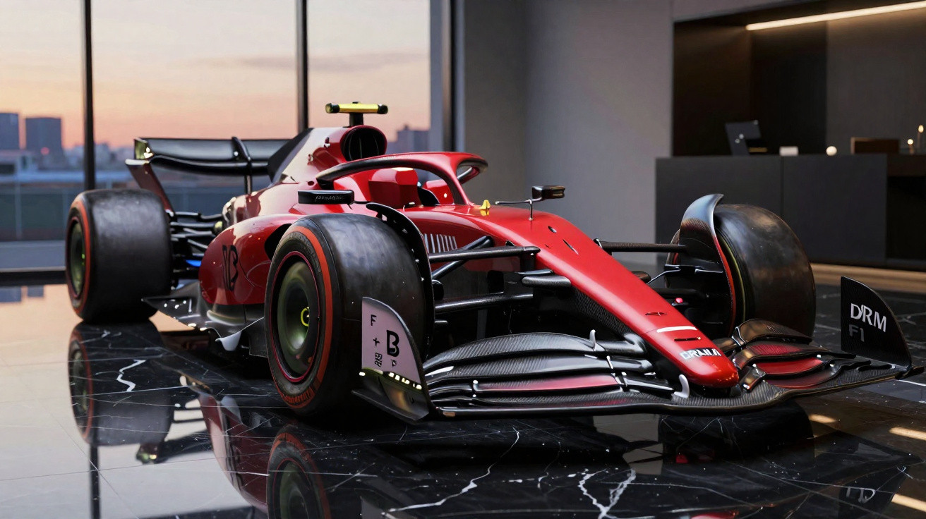 Roter Formel-1-Rennwagen in modernem Showroom mit schwarzem Marmorboden bei Sonnenuntergang.