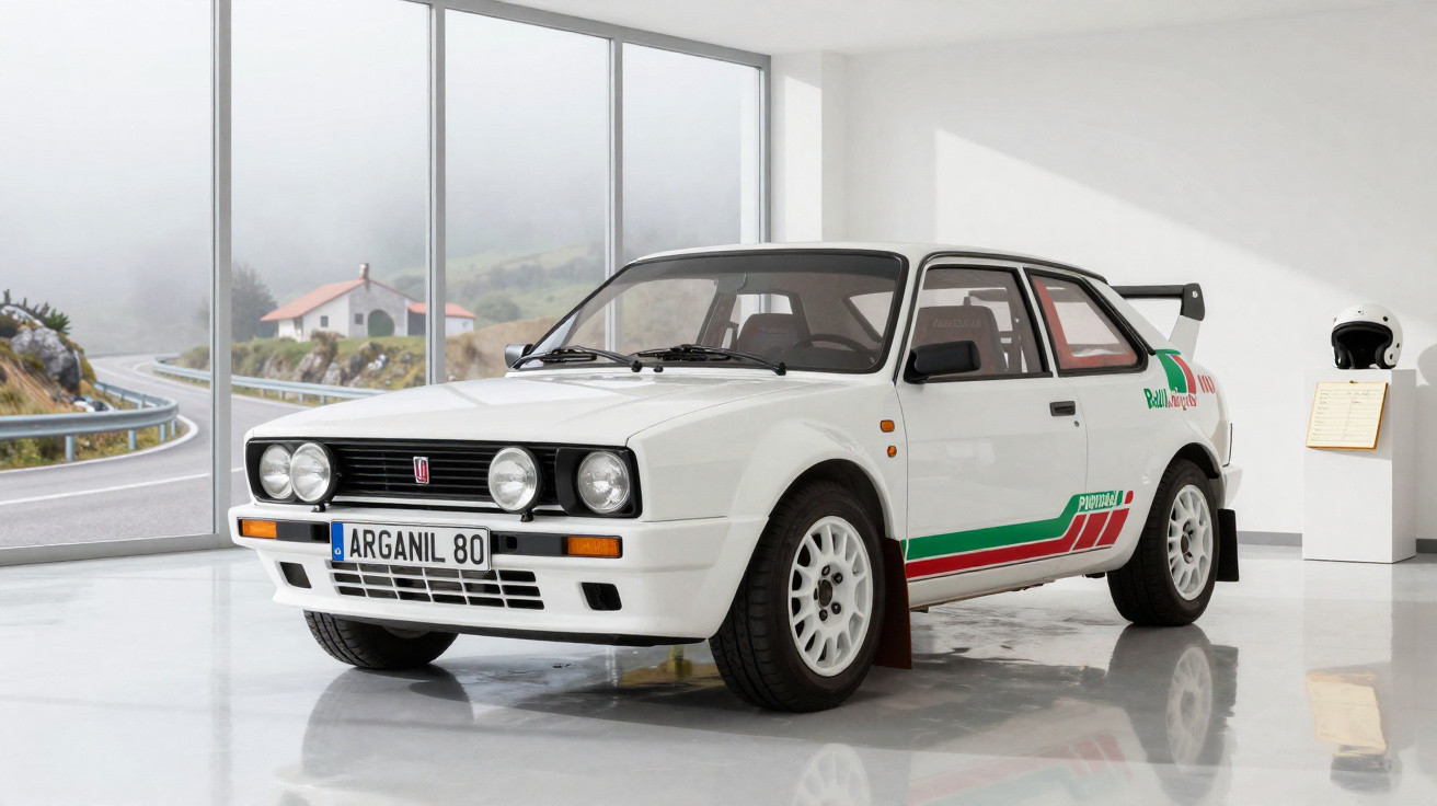 Weißer Rallye-Kleinwagen mit grünen und roten Streifen, großer Heckspoiler in modernem Showroom.
