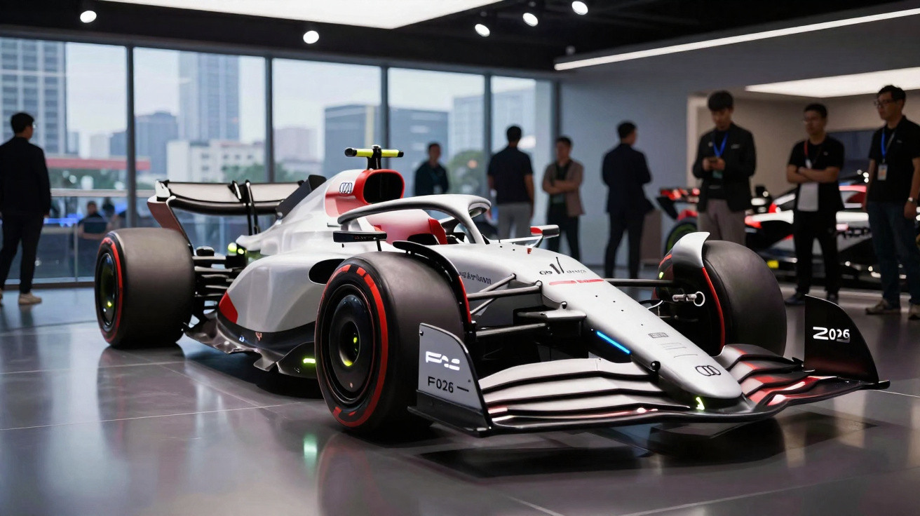 Moderner Formel-1-Rennwagen in weiß-rot auf Ausstellung mit Menschen im Hintergrund in einem Showroom