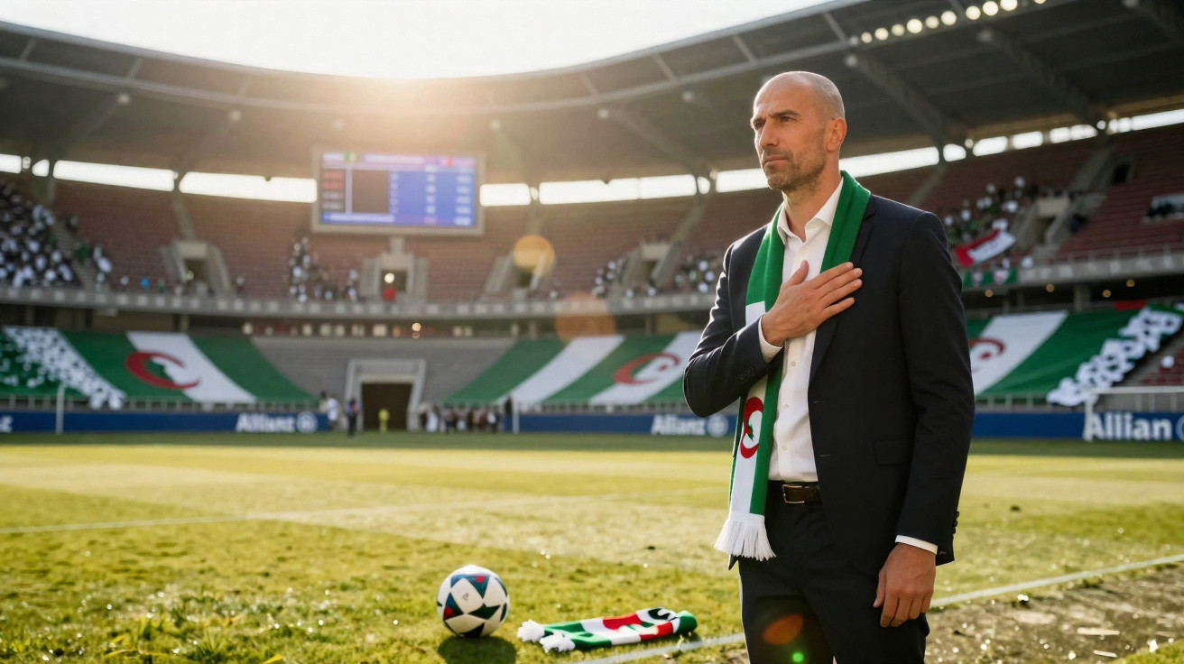 Mann mit Anzug und grün-weiß-rotem Schal steht auf Fußballfeld mit Hand auf der Brust, Stadion im Hintergrund.