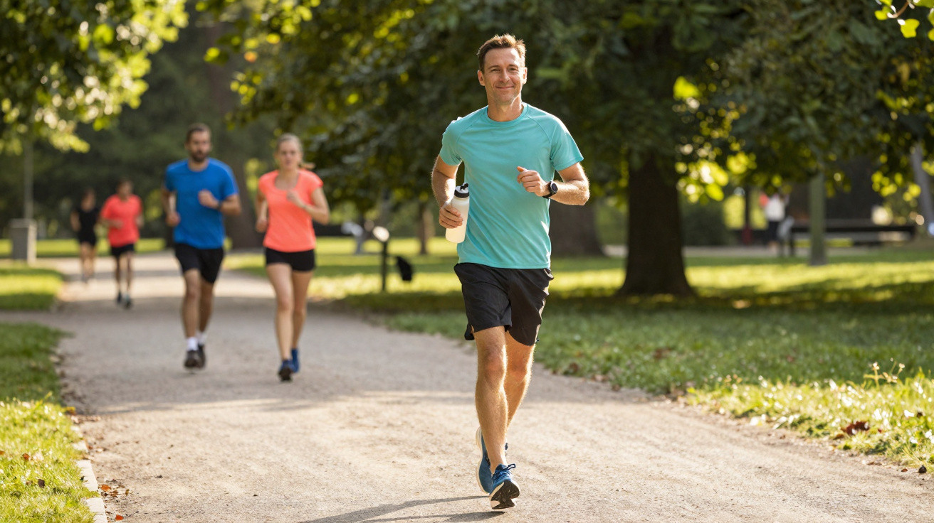 Gruppe von Menschen joggt an einem sonnigen Tag auf einem Weg im Park mit Bäumen und Gras.