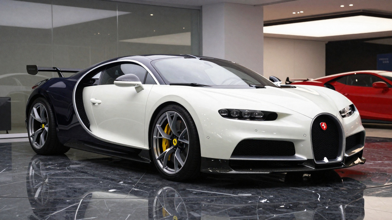 Weiß-schwarzer Bugatti Chiron Sport Supersportwagen in modernem Showroom vor rotem Auto.