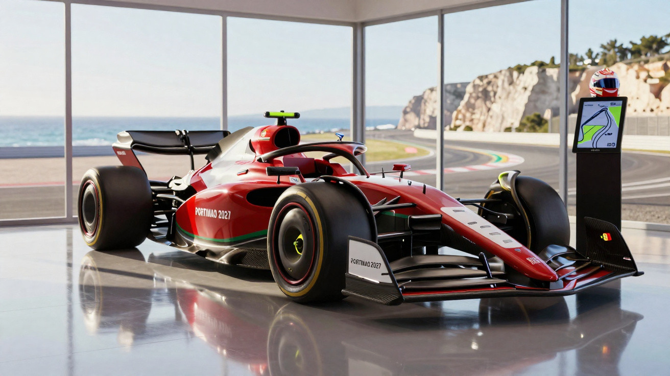 Roter Formel-1-Rennwagen mit "Portimão 2021"-Aufschrift im modernen Ausstellungsraum mit Meerblick.