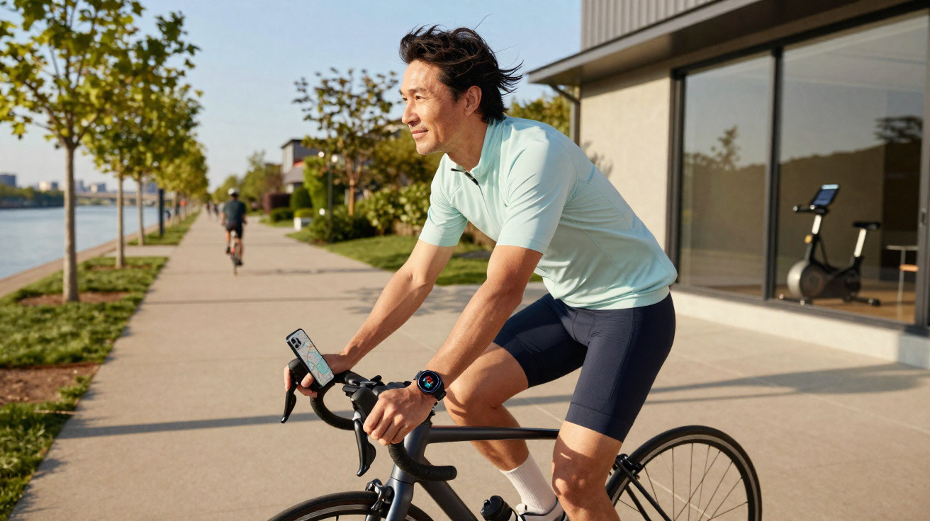 Mann fährt Fahrrad auf einem sonnigen Uferweg mit Smartwatch und Handyhalter am Lenker.