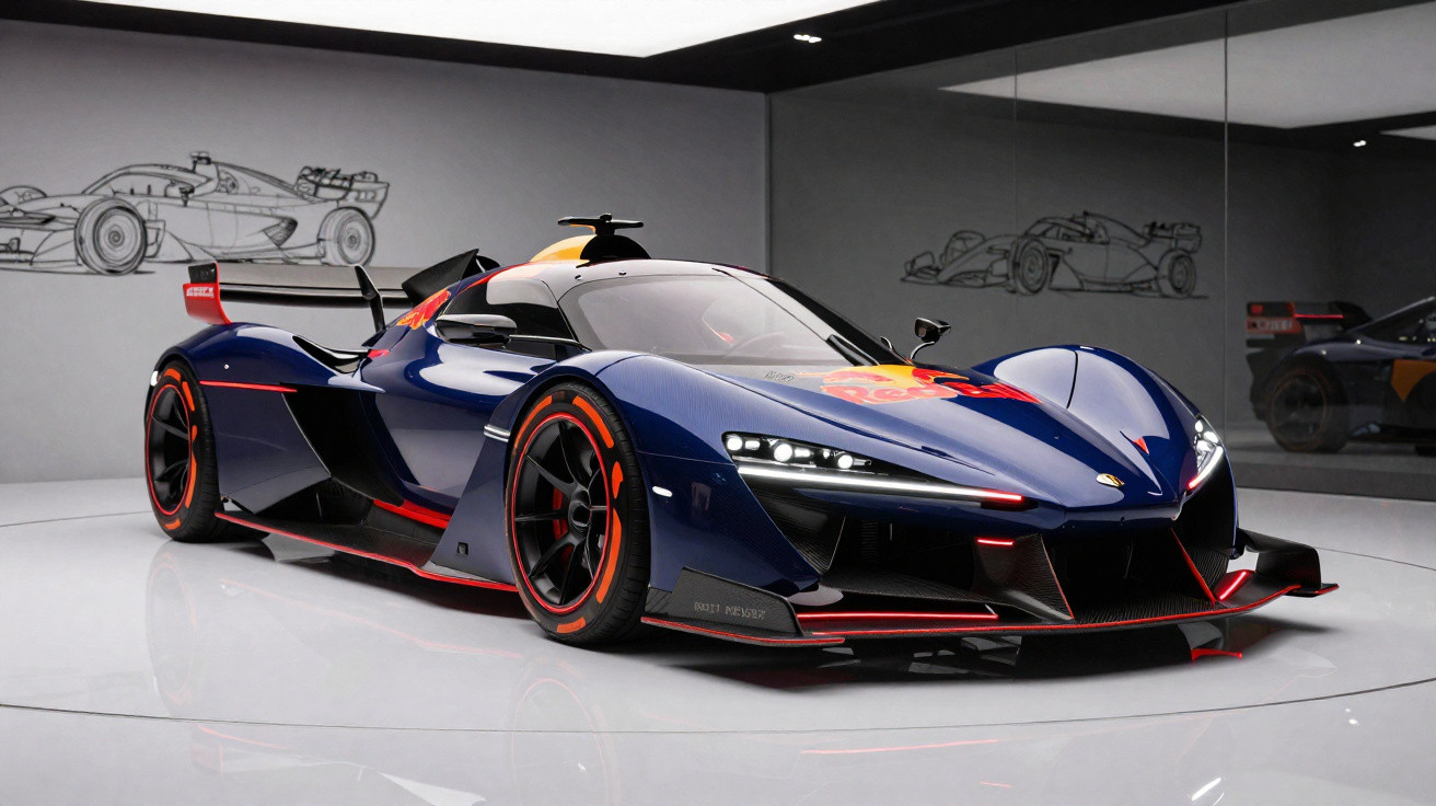 Blauer Red Bull supersportwagen im Ausstellungsraum mit Rennwagen-Skizzen an der Wand