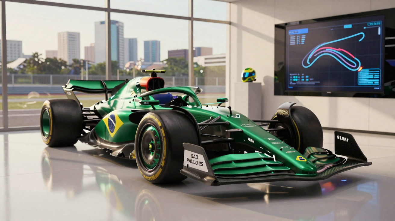 Grüner Formel-1-Rennwagen mit brasilianischer Flagge in moderner Garage vor Stadtfenstern und Rennstrecken-Analyse am Monitor
