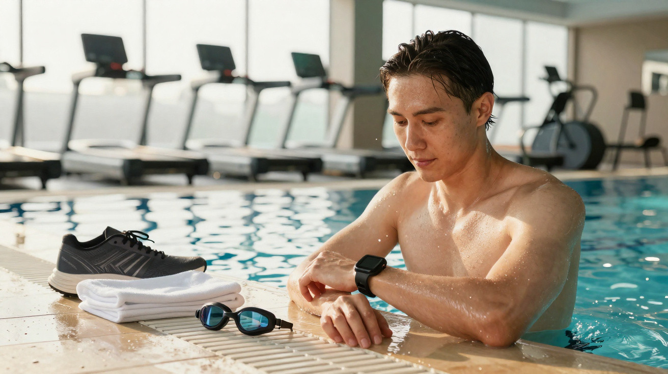 Mann im Schwimmbad schaut auf seine Smartwatch, neben Handtuch, Schwimmbrille und Sportschuhen am Beckenrand.