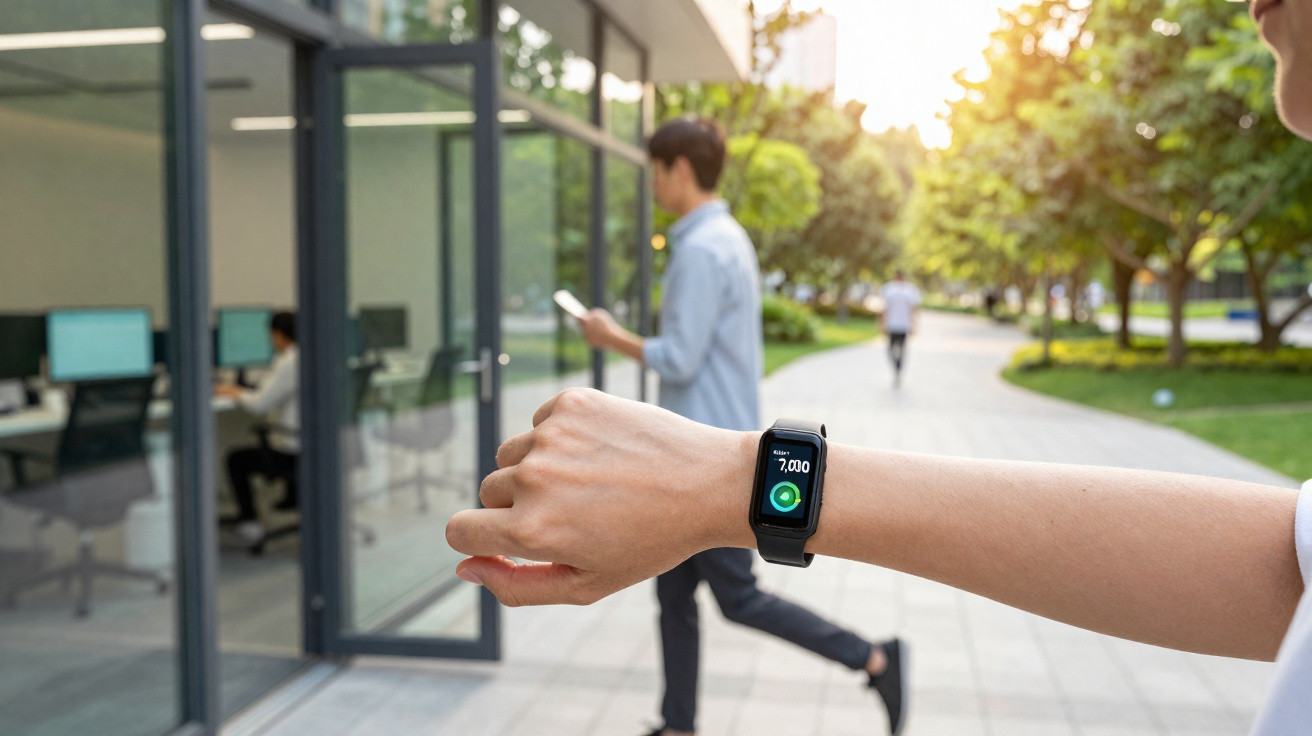 Smartwatch am Handgelenk zeigt 7.000 Schritte, im Hintergrund Menschen auf einem Gehweg vor einem Bürogebäude.