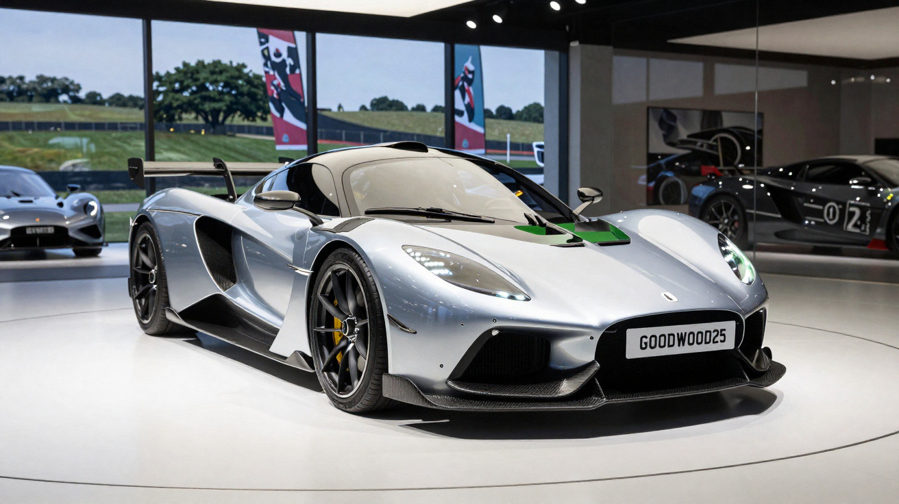 Silberner Supersportwagen auf weißem Podium mit Goodwood25-Kennzeichen in eleganter Ausstellungshalle.