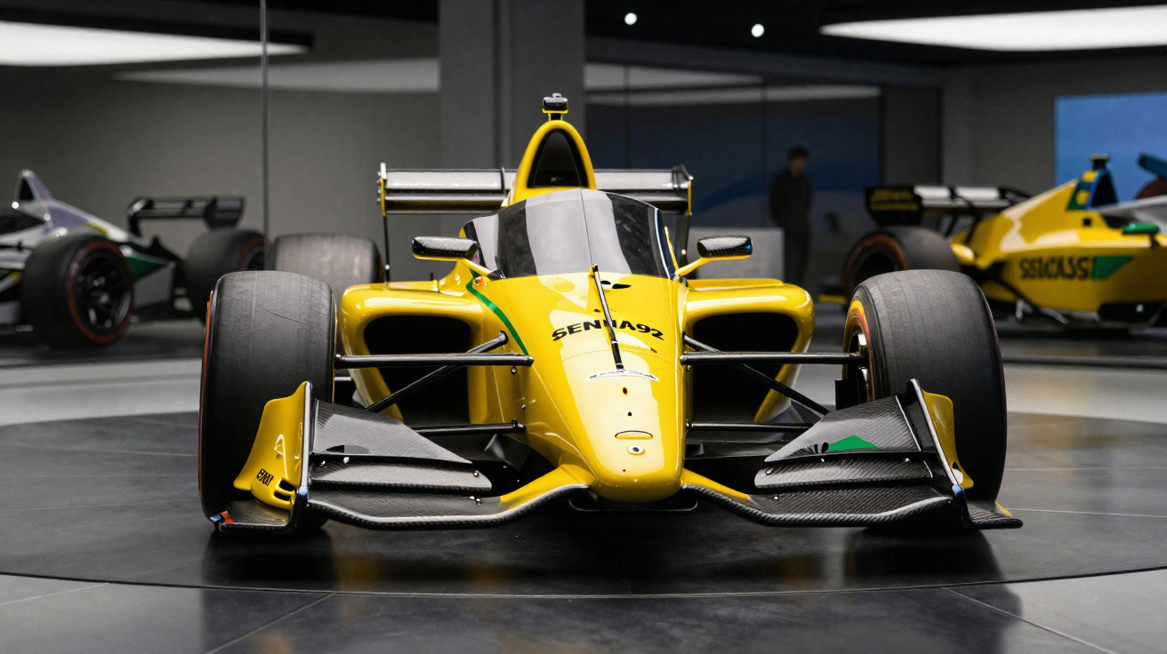 Gelber Formel-Rennwagen mit der Aufschrift „SENNA92“ in moderner Ausstellungshalle, frontal fotografiert.