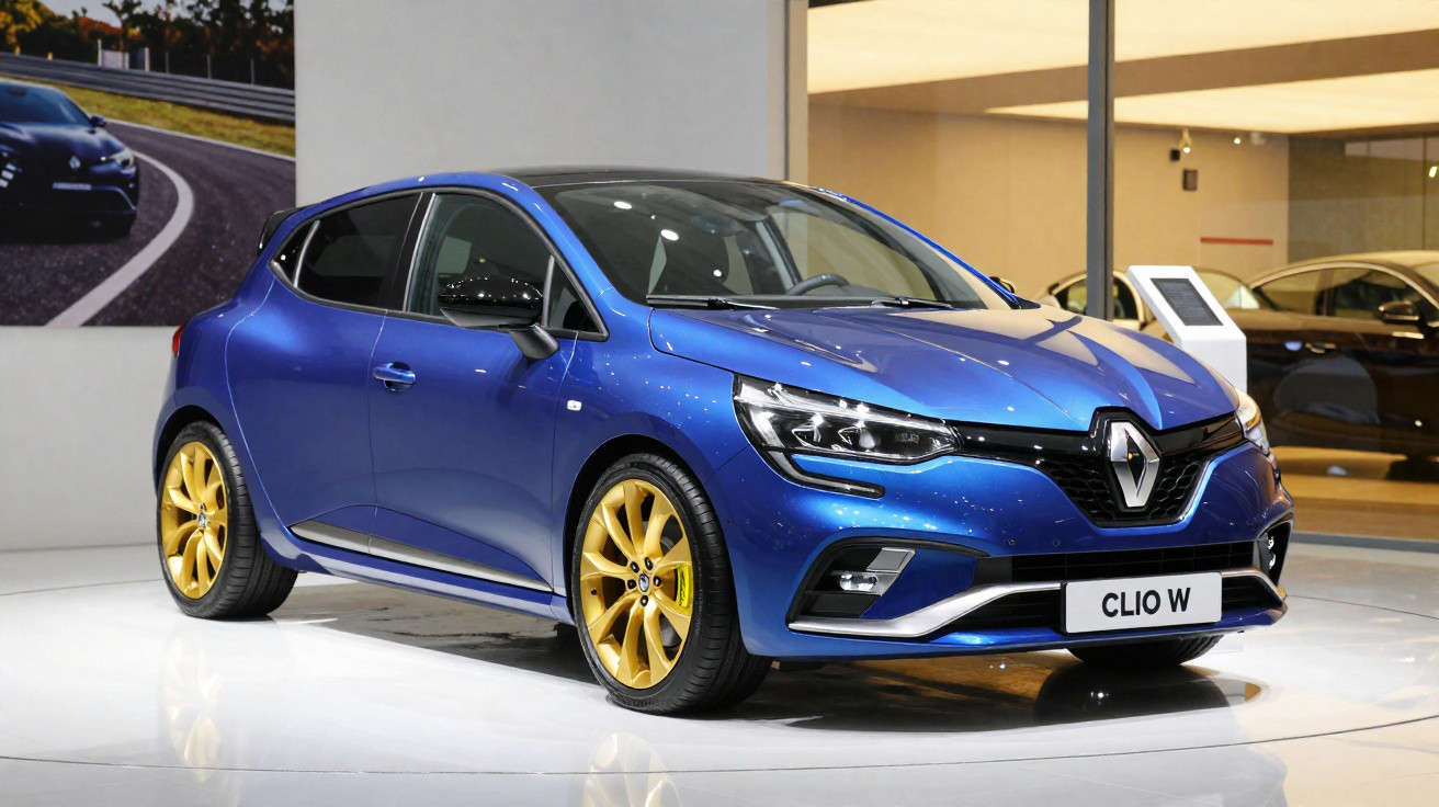 Blauer Renault Clio W mit goldenen Felgen steht in Ausstellungshalle auf weißem Boden.