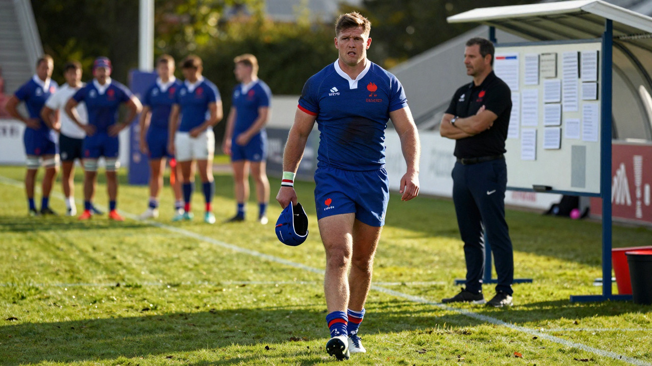 Rugbyspieler in blauem Trikot läuft auf dem Spielfeld, im Hintergrund weitere Spieler und ein Coach an der Seitenlinie.