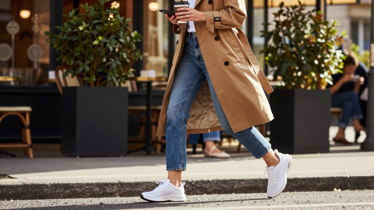 Person in Trenchcoat und Jeans geht mit Kaffee und Smartphone eine Straße entlang.
