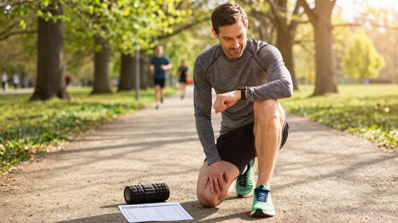 Mann kniet auf einem Waldweg, schaut auf Fitnessuhr, neben Trainingsplan und Massagerolle im Sonnenschein.