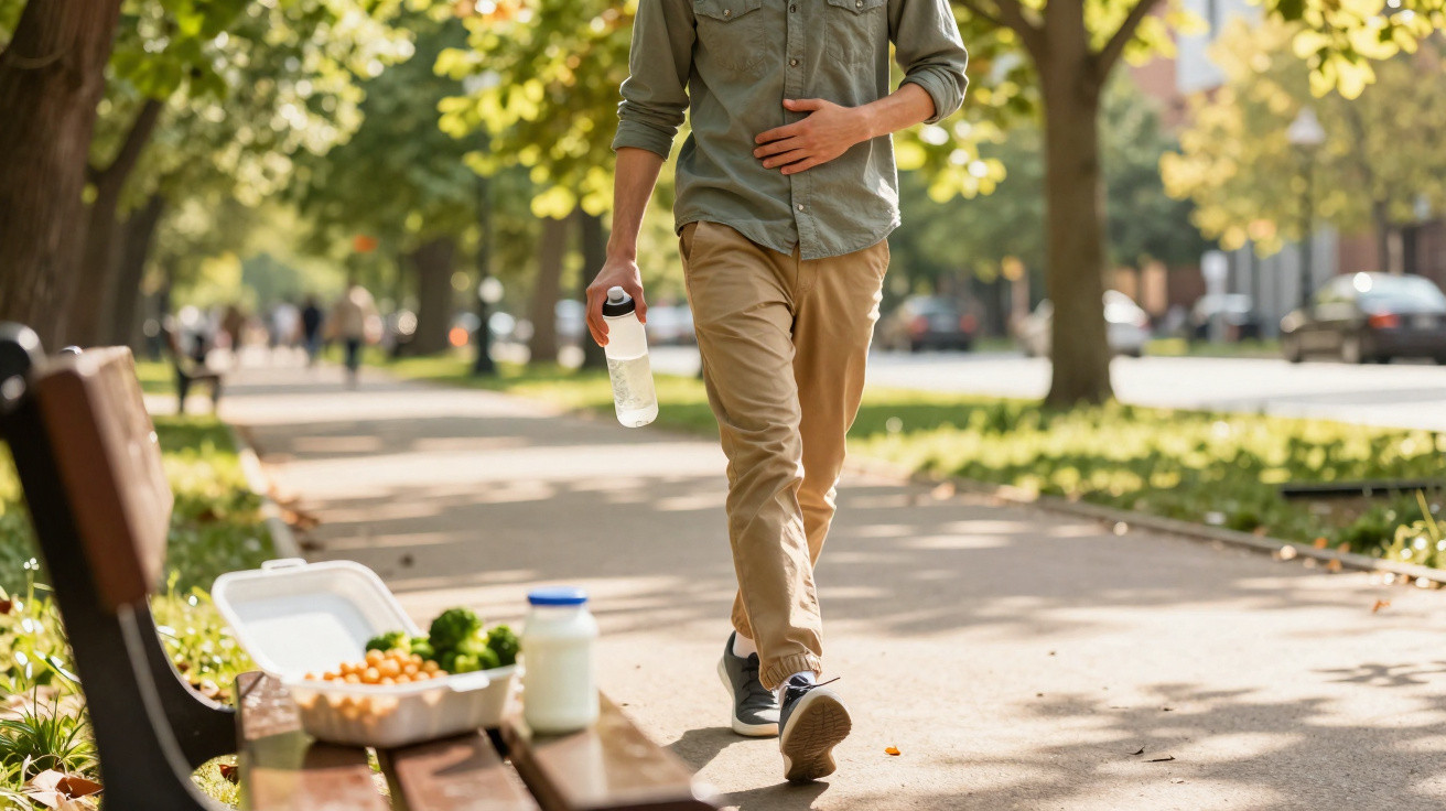 Mann geht im Park mit Wasserflasche, im Vordergrund eine Parkbank mit gesunder Mahlzeit und Joghurts.