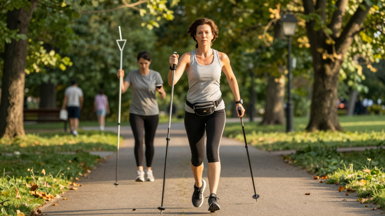 Frau beim Nordic Walking auf einem sonnigen Parkweg, im Hintergrund weitere Spaziergänger.