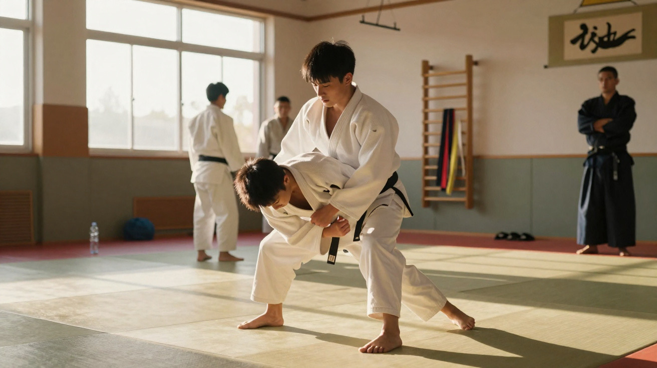 Zwei Männer in Weiß mit schwarzen Gürteln trainieren Judo auf einer Matte in einem Dojo.