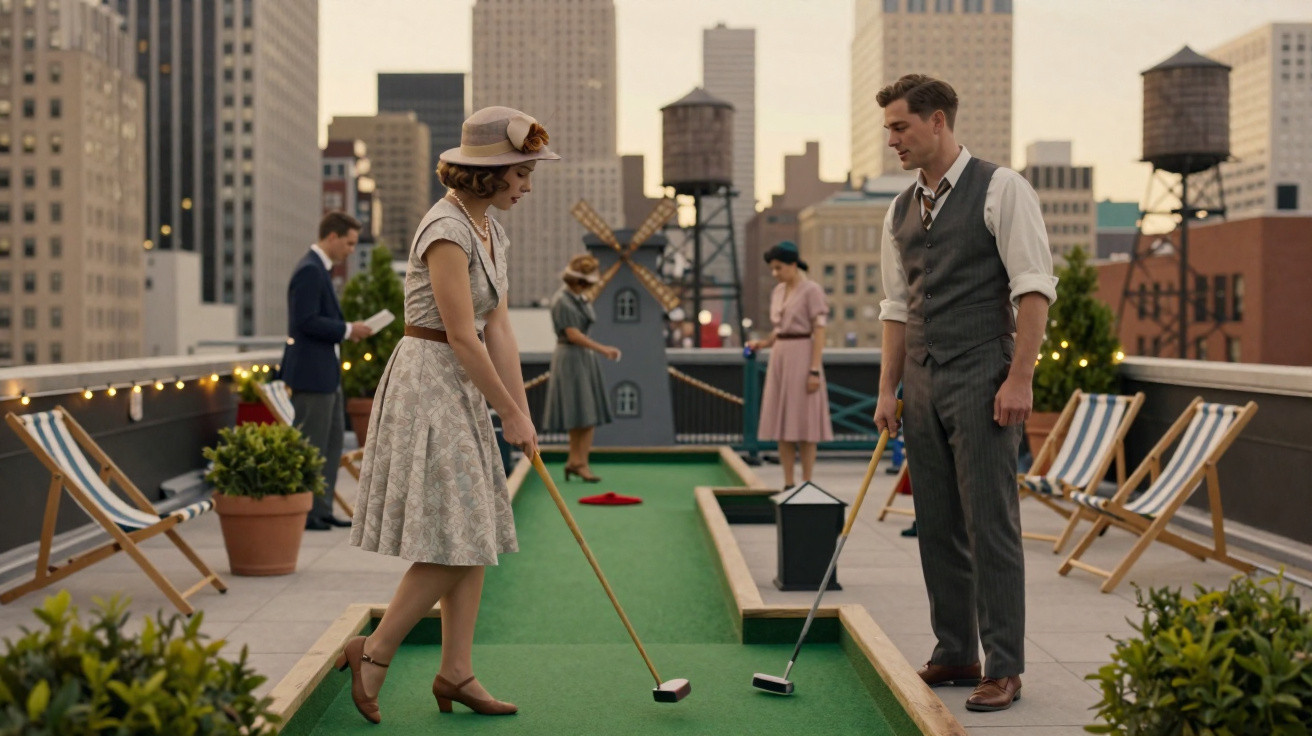 Menschen in Vintage-Kleidung spielen Minigolf auf einer Dachterrasse mit Stadtblick bei Sonnenuntergang.