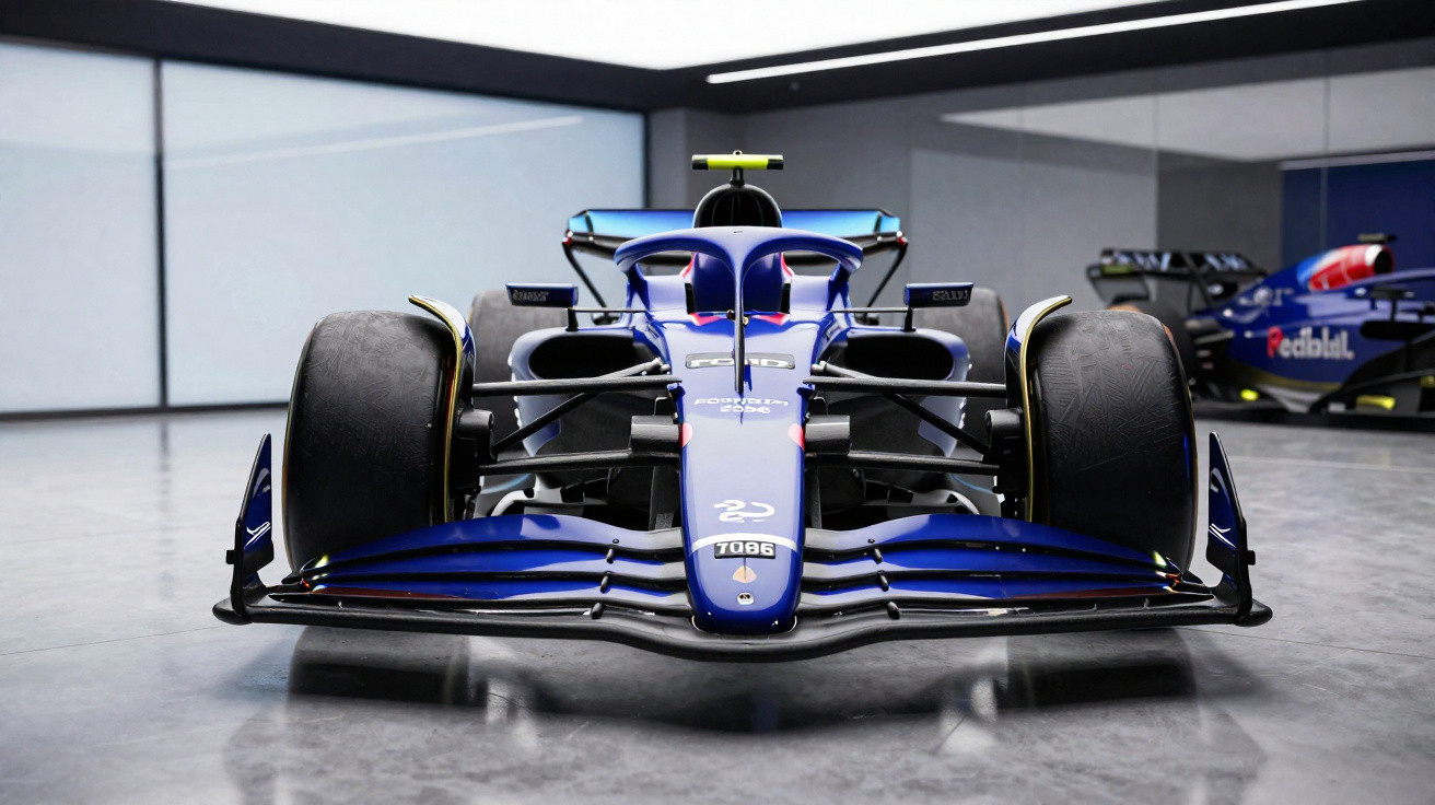 Frontansicht eines blauen Formel-1-Rennwagens in einem modernen, hellen Showroom.