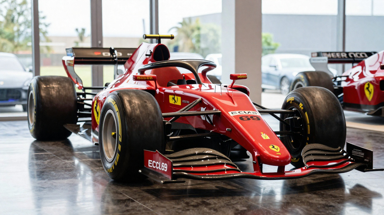 Roter Ferrari-Formel-1-Rennwagen mit Rennreifen in Ausstellungshalle mit großen Fenstern im Hintergrund.