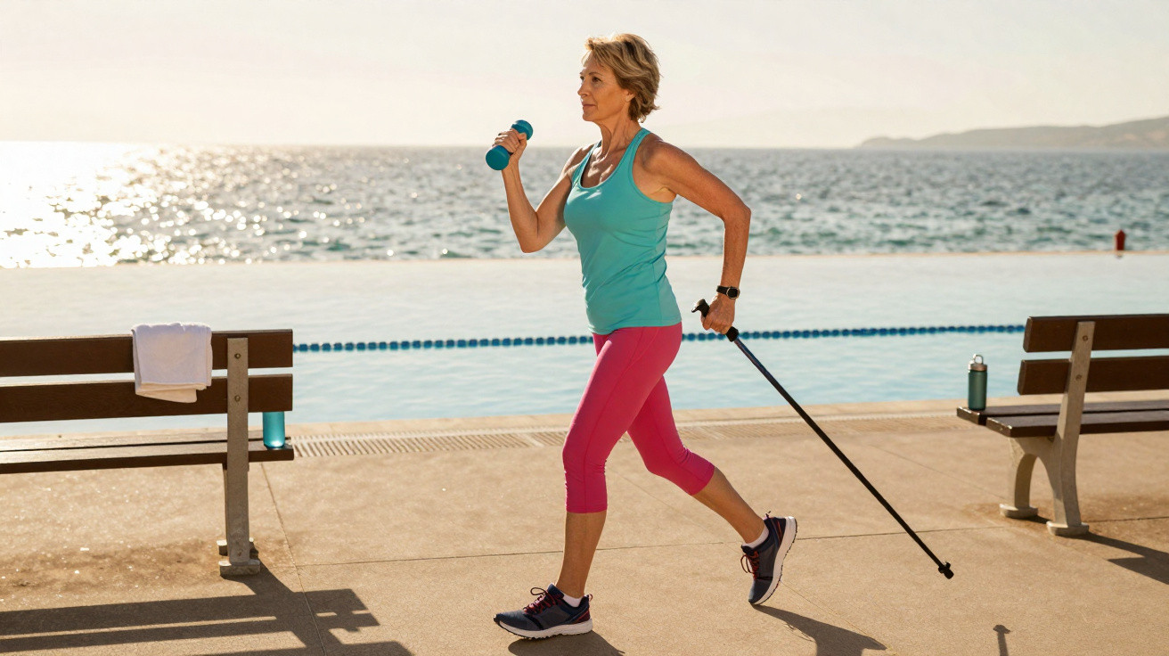 Ältere Frau trainiert mit Hantel und Nordic Walking Stock am Wasser bei Sonnenuntergang.