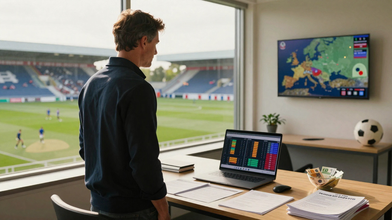 Mann steht am Schreibtisch mit Laptop und Daten, im Hintergrund Fußballstadion und Europakarte auf Bildschirm.