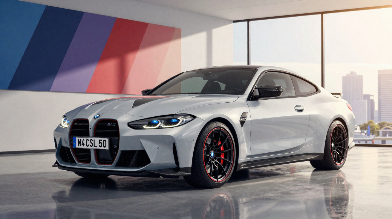 Silberner BMW M4 CSL mit schwarzem Akzent und roten Bremssätteln in modernem Showroom vor Fenster mit Stadtblick.