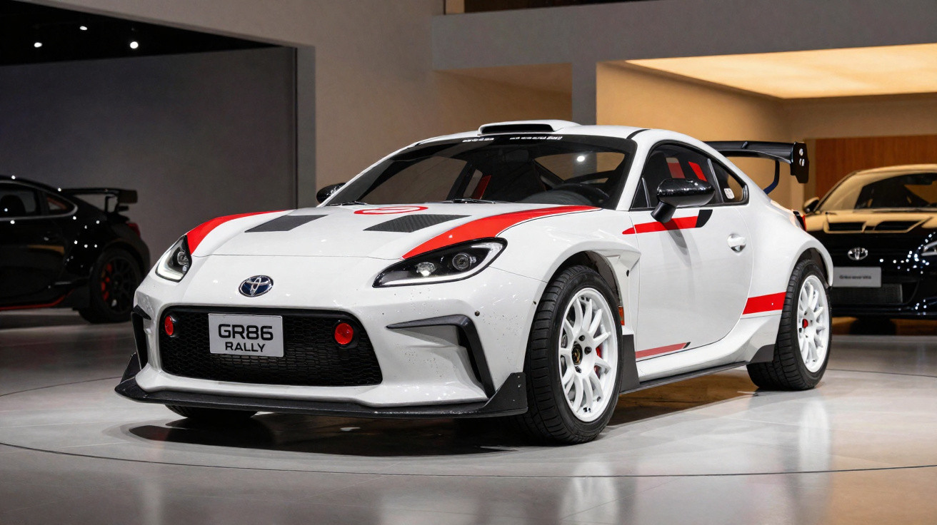 Weißer Toyota GR86 Rally Sportwagen mit Flügel, roten Akzenten und weißem Felgendesign in Ausstellungshalle.
