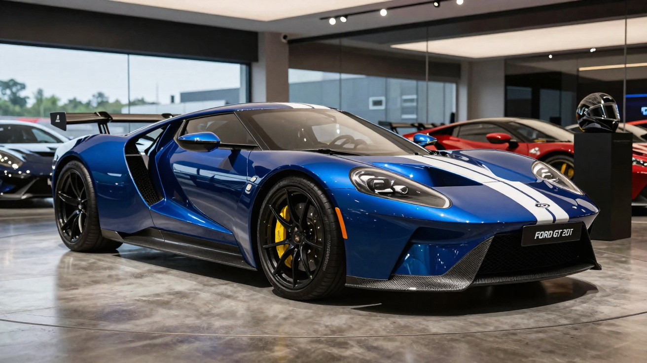Blauer Ford GT mit weißen Rennstreifen in einem modernen Autohaus auf glänzendem Boden.