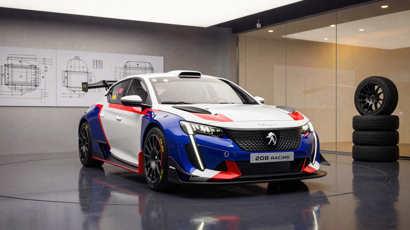 Peugeot 208 Racing Rennwagen in Blau-Weiß-Rot im Ausstellungsraum mit Ersatzreifen im Hintergrund.