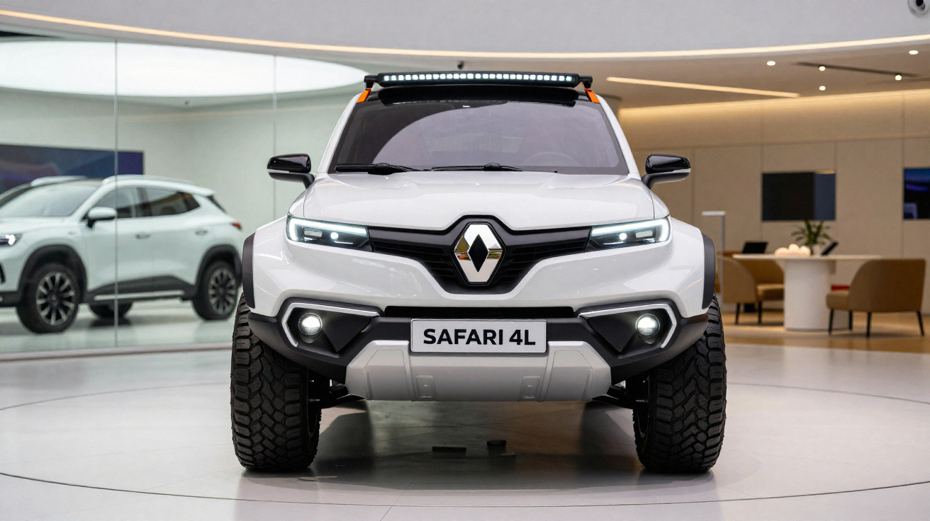 Weißer Renault Safari 4L Geländewagen mit LED-Lichtleiste in moderner Ausstellungshalle, Frontansicht.