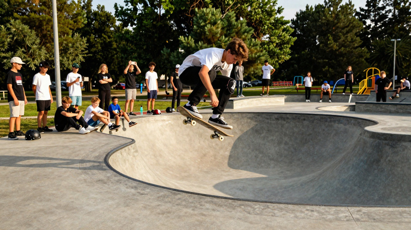 Jugendlicher führt Skateboard-Trick in Skatepark aus, Zuschauer und Bäume im Hintergrund bei Sonnenschein.
