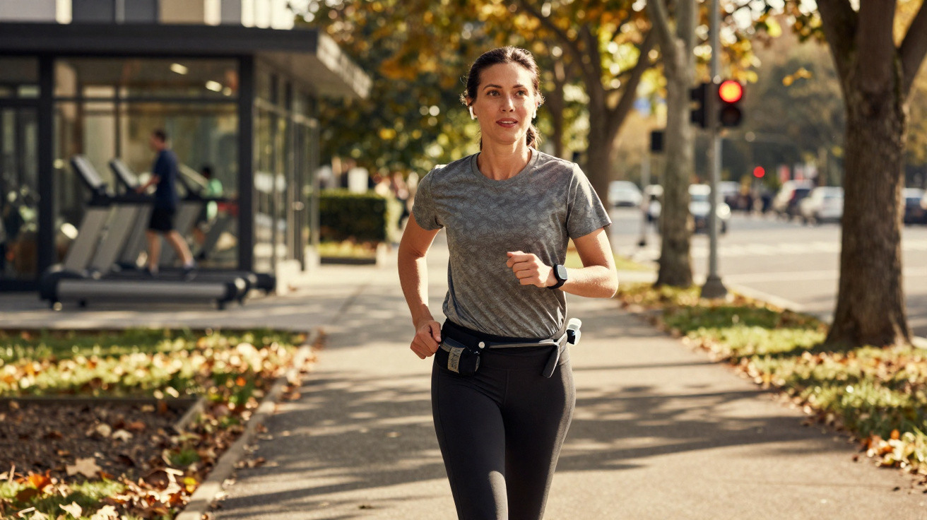 Frau joggt im grauen T-Shirt auf einem Bürgersteig in herbstlicher Stadtumgebung mit Kopfhörern und Smartwatch.